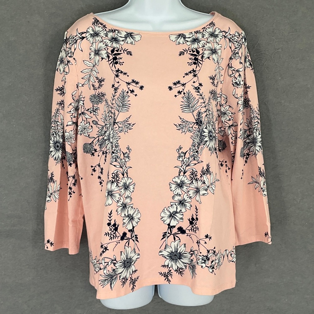 Talbots Top Womens Sz XL Pink Floral Print 3/4 Sleeve Boat Neck‎ Cotton Casual